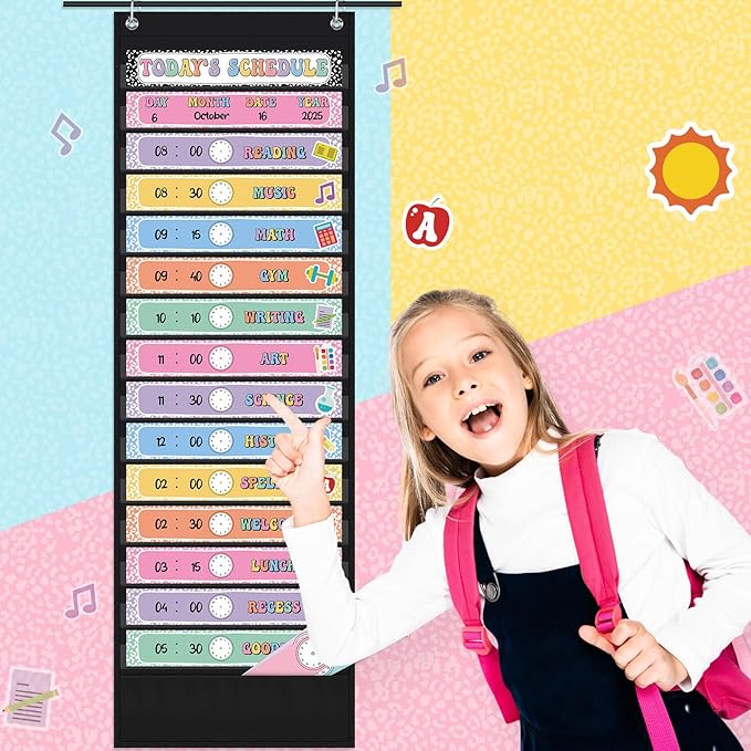 Pasimy Daily Schedule Pocket Chart for Classroom 15+1 Pockets with 31 Double Sided Reusable Cards 2 Magnetic Erasable Pens & Hangers Visual Schedule Chart School Office Home Decor(Black,Composition)