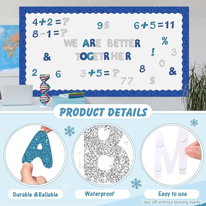 221 Pcs Glitter Blue Bulletin Board Letters, Round Alphabet Number Punctuation Symbol Combo Letter Cutouts, Sparkle Classroom Decoration for Winter School Chalkboard Poster Board