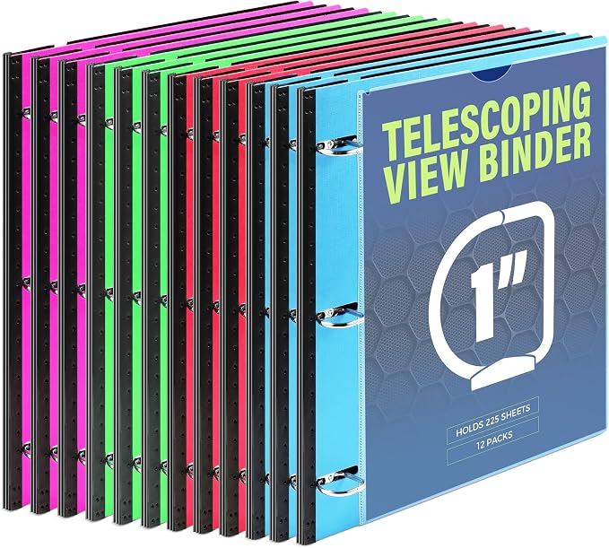 WOT I Telescoping 3 Ring Binder 1 Inch 12-Pack, Expandable Flexible Binder - Patented Design for Easy Portability, Holds 8.5"x11" Paper, 4 Bright Colors for School, Office&Home Organization