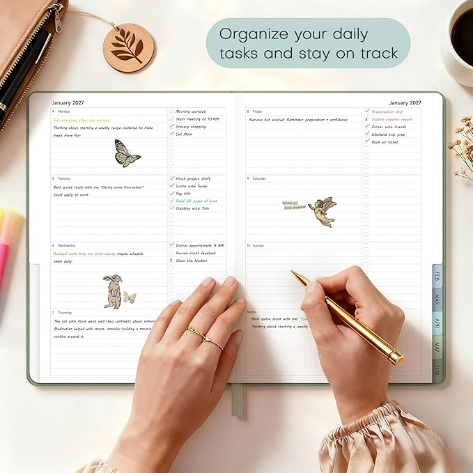 Planner 2026-2027 Monthly and Weekly Academic Planner July 2026 - June 2027, Linen Hardcover Agenda 2026-2027 Calendar Daily Planner for Student Teacher with Monthly Tabs, 7.3" x 10", Cream Green
