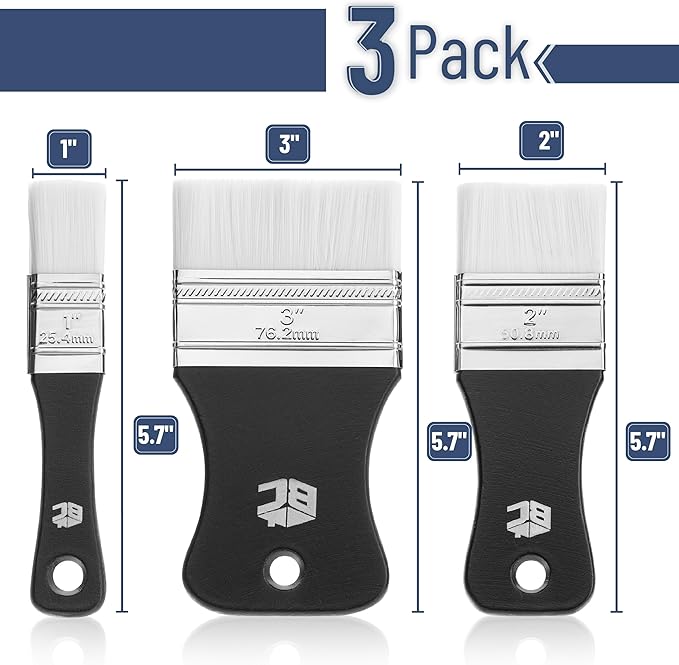 Bates- Flat Paddle Paint Brush Set, 3 Pack, Nylon Bristles Painting Brushes, Ergonomic Handle