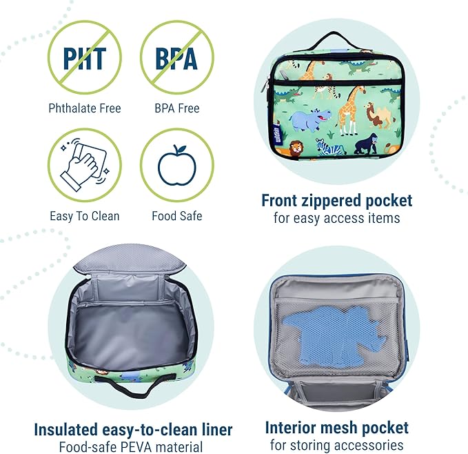 Wildkin Kids Insulated Lunch Box, Keeps Food Hot or Cold, BPA-Free with Mesh Pockets & Easy-Clean Lining – Ideal for School, Travel & Daycare – Wild Animals