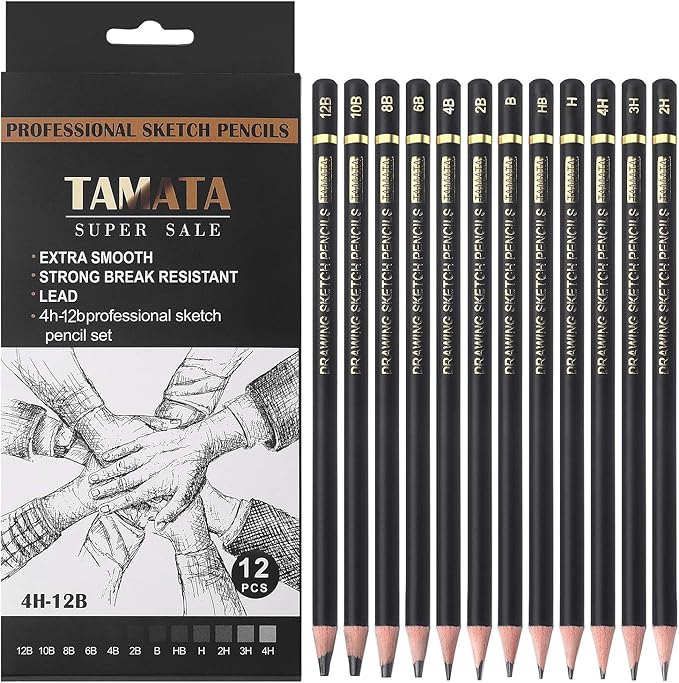 RVOGJP TAMATA Professional Drawing Sketching Pencil Set - 12 Pieces Art Graphite Pencils(12B - 4H), Ideal for Drawing Art, Sketching, Shading, for Beginners & Pro Artists