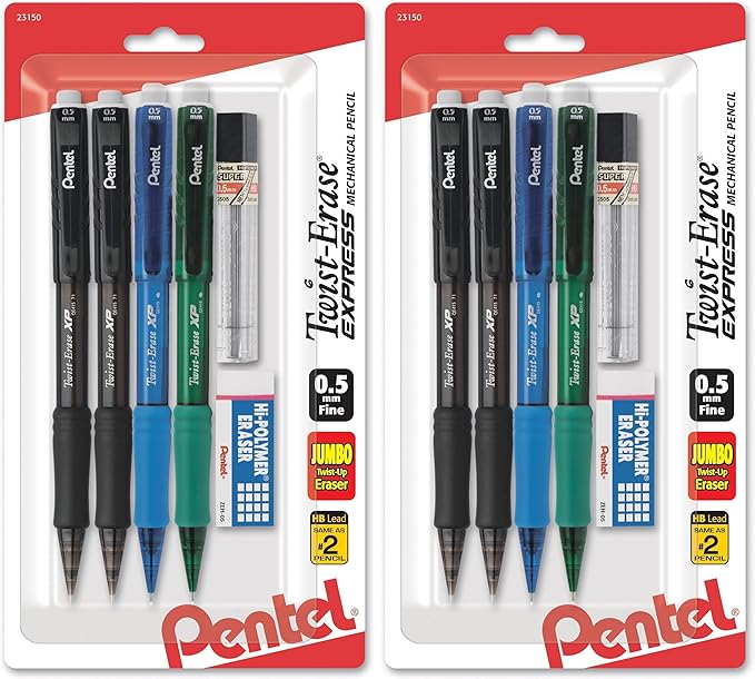 Pentel Twist-Erase Express Mechanical Pencil, (0.5mm), Assorted Barrel Colors (QE415LZBP4) (Pack of 2)