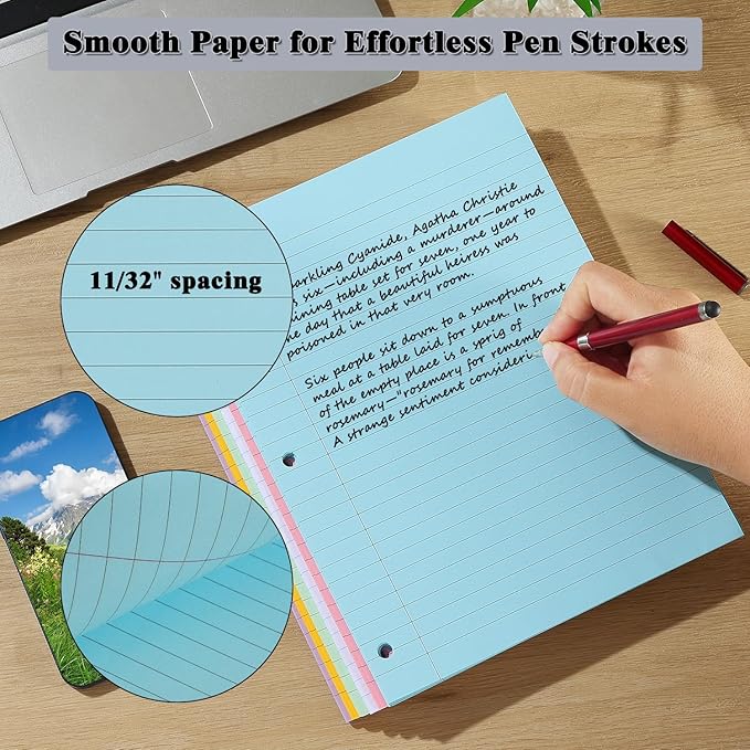 Loose Leaf Paper, 300 Sheets, Wide Ruled, 8" x 10.5", 6 Pack, 70gsm Notebook Paper Filler Sheets, 3 Hole Punched, 50 Sheets/Pack, Wide Ruled Office Filler Writing Notepads for 3 Ring Binder, Yellow