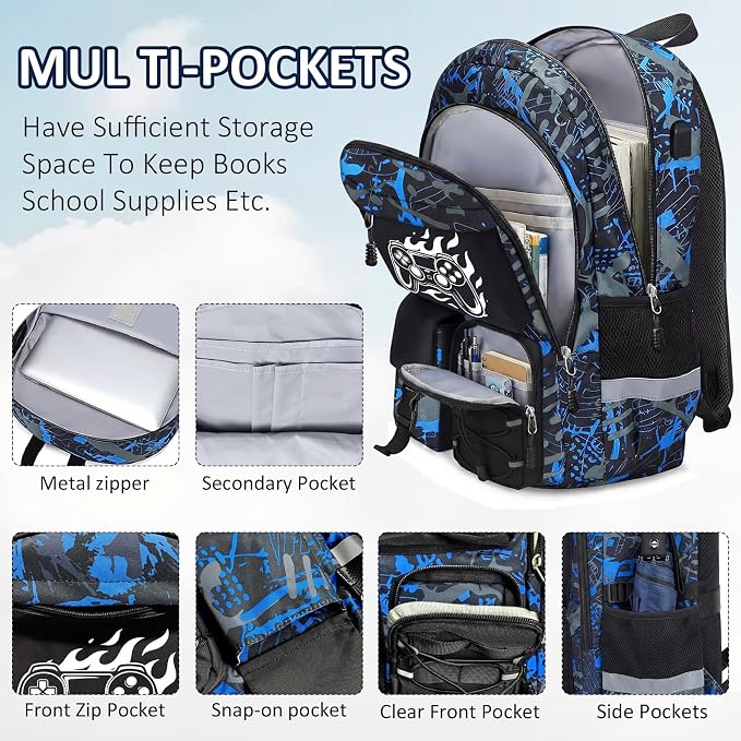 School Backpack for Boys - 4pcs Gamer Boys Backpack with Lunch Box Set for Kids Teens Elementary Middle High School,18″ Large Capacity Students Bookbag with Usb Charging Port & Key-chain