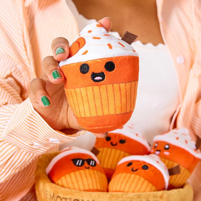 Emotional Support Lattes by Relatable, Soft & Cuddly Fall Plushies for Love Ones of All Ages, The Perfect Fall Gifts for Back to School, and Teacher Desk Buddy, Includes 5 Latte Plushies with Basket