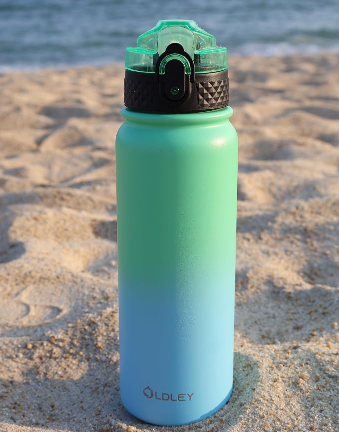 Oldley Insulated Water Bottle 20oz Water Bottles with Straw, Stainless Steel Water Bottle with 3 Lids, Double Wall Vacuum Bottles for Adult Kids, Sports Bottles for School Travel, Leaf Green-Blue