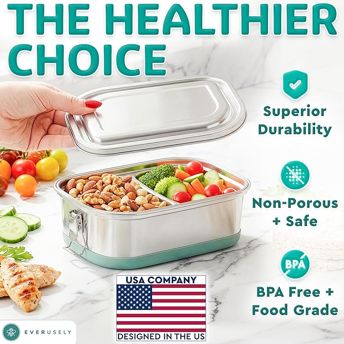 Stainless Steel Bento Box - Tiered Lunch Box for Adults - 2 Compartments Metal Food Container - Leakproof Lockable Lid with Silicone Ring - Removable Compartmented Layer - by Everusely