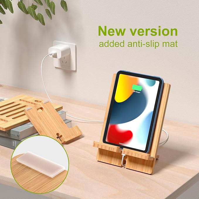 Pezin & Hulin Bamboo Tablet Stand Adjustable, Desktop Cell Phone Stand Holder Dock Compatible with Pad Air/Pro/Mini, E-Reader, Smartphone (Support to 4.7-13" Devices)-Bamboo