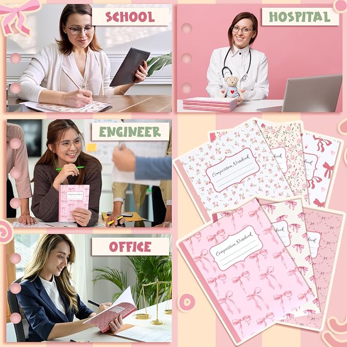 Fullhawl 6 Pack Composition Notebook College Ruled Bulk Pink Bow Composition Notebook Preppy Aesthetic for Back to School Supplies 110 Pages 9-3/4 x 7-1/2" Cute Journal for First Day of School Office