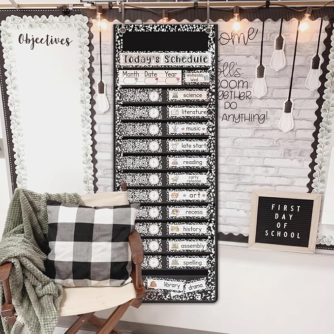 Gueevin Composition Book Daily Schedule Pocket Chart & Card Set Include 1 Hanging Chart with 24 Pockets 2 Metal Hooks 60 Schedule & Activity Cards Reusable Calendar for Kindergarten Daycare Decor