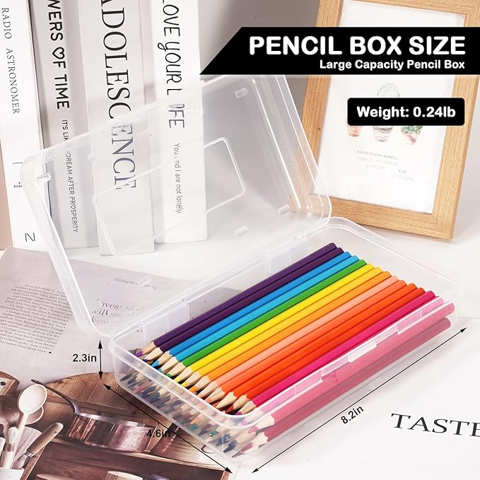 Colored Plastic Pencil Box, Large Capacity Pencil Case, Pencil Boxs for Kids Adults, Hard Crayon Box Storage with Snap-Tight Lid for School Office Supplies (Clear)