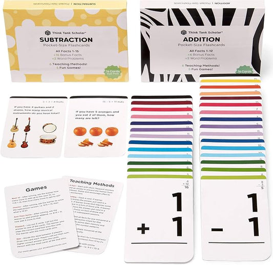 Think Tank Scholar Addition and Subtraction Flash Cards - 150 Facts 1-12 - Sub Facts 1-15 - Award Winning Math Games - Learn Add & Subtract - Kids Ages 4-8 in Kindergarten, 1st, 2nd, 3rd, 4th Grade