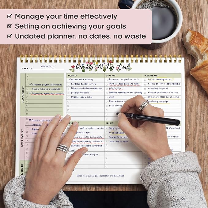 Weekly To Do List Notepad with 52 Undated Sheets（8.5"×11"）- Weekly Desk Planner for Women & Man, Work and Home - Soft Botanica