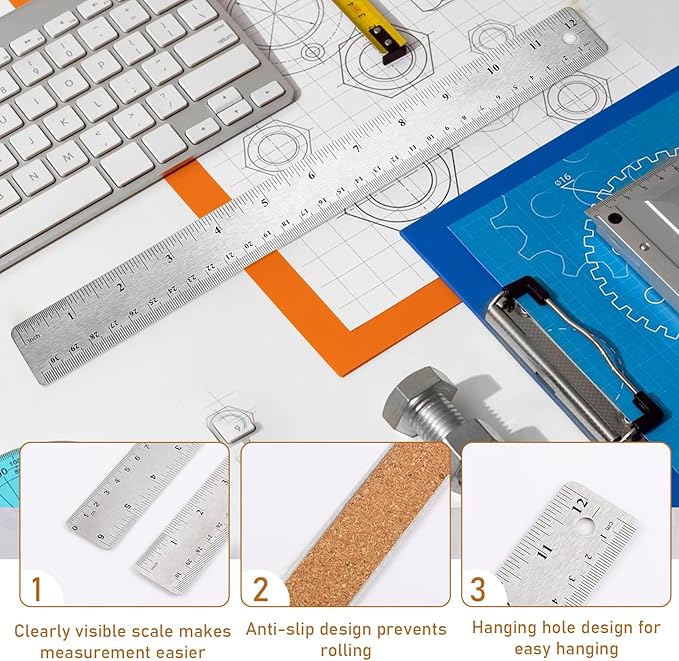 Metal Ruler Cork Backed 6 Inch 12 Inch Stainless Steel Metal Rulers with Cork Backing Non-Slip Straight Edge Ruler with Inch and Centimeters for Student School Office Drafting Tools