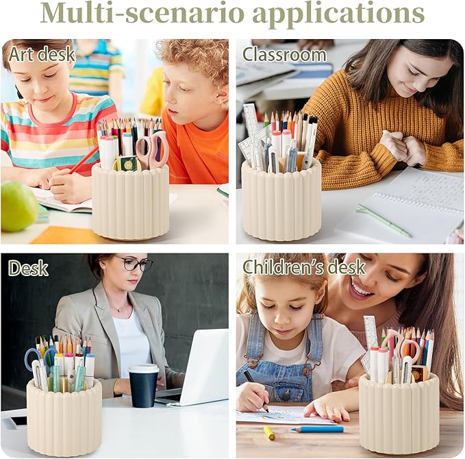 Anyoifax 360° Rotating Pen Holder 7 Slots Desk Organizer Removable Pencil Cup Plastic Art Supplies and Accessories Desktop Storage Box Caddy for Office, School, Home (Beige)