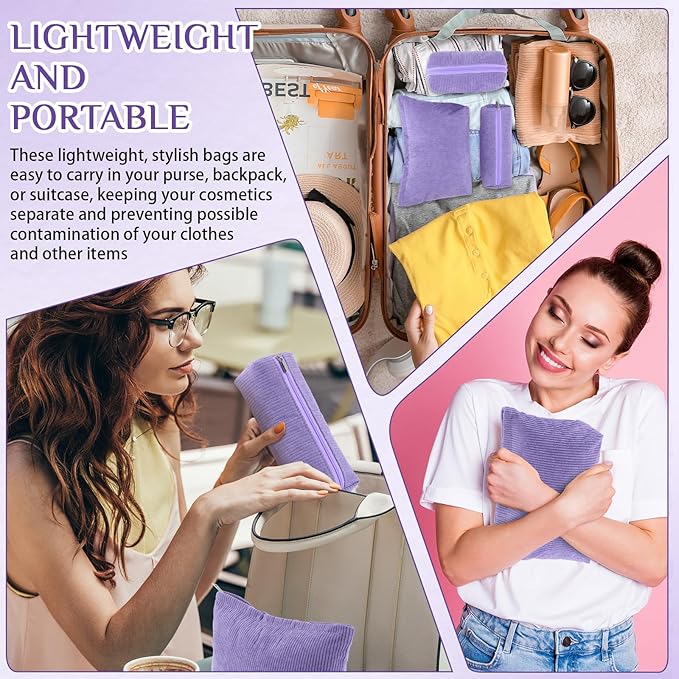 Huhumy 3 Pcs Makeup Bag Set for Women Corduroy Cosmetic Pouch Aesthetic Smile Travel Toiletry Bag Cute Purse Pouch Pencil Case Makeup Brushes Storage Organizer with Zipper(Purple,Solid Style)