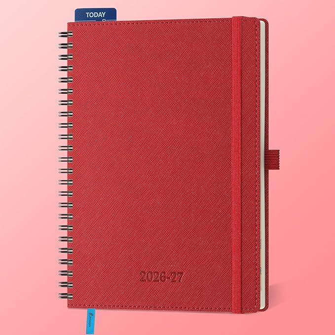 Planner 2026-2027 Daily Weekly and Monthly,8.5"x6.5",18 Months Spiral Bound Calendar Agenda with Self-adhesive Pen Holder,2026 Academic Plan with Vegan Leather Soft Cover,Red