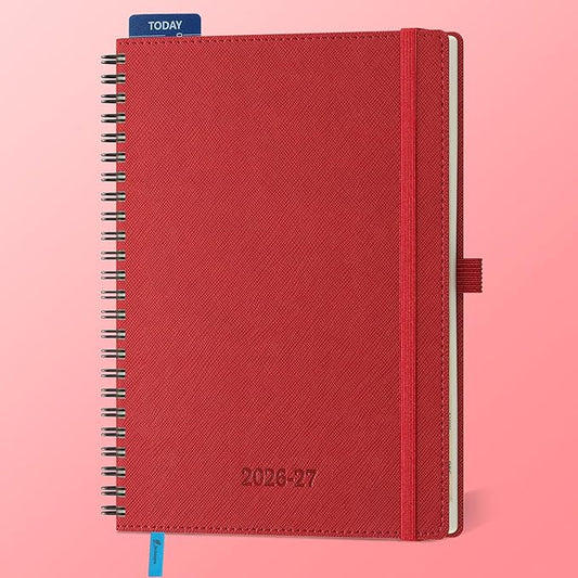 Planner 2026-2027 Daily Weekly and Monthly,8.5"x6.5",18 Months Spiral Bound Calendar Agenda with Self-adhesive Pen Holder,2026 Academic Plan with Vegan Leather Soft Cover,Red