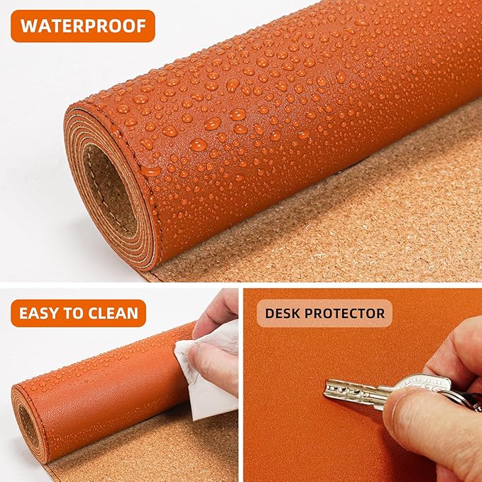 AFIING Desk Mat 47.2" x 17", Leather Desk Pad Protector with Natural Cork & PU Leather, Non-Slip Office Desk Mat, Double-Sided Mouse Pad, Waterproof Large Desk Pad for Office and Home (Orange)