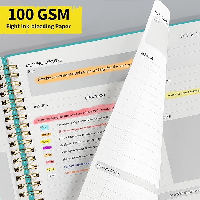 SUNEE Meeting Notebook for Work with Action Items - 160 Pages, A4 Size Project Planner, Spiral Meeting Agenda/Minutes Notebook Organizer for Women Men, Note Taking, Office & Business, 8.5"x11", Teal