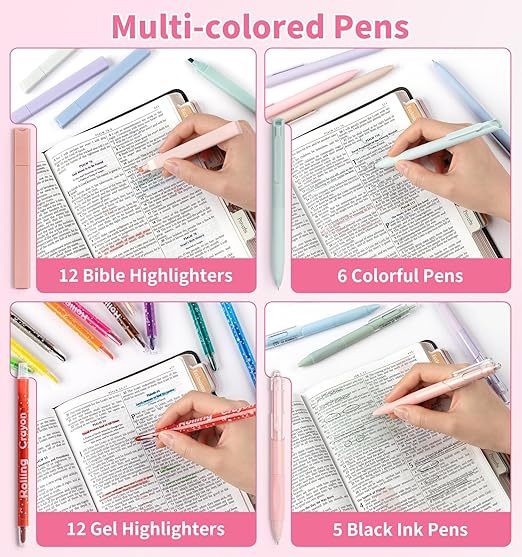 59Pcs Bible Study Supplies, Bible Journaling Kit for Women, Pink Pencil Case, 12 Pastel No Bleed Highlighters and 6 Colored Pens, Bible Tabs and More, Book Annotation Kit for Women & Men (Pink)