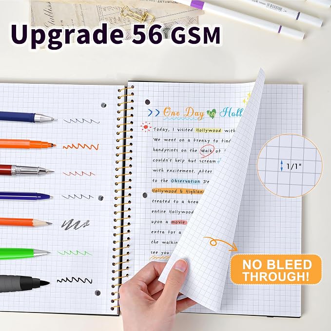 Spiral Notebook Graph Ruled Paper 8" x 10 1/2", 1 Subject Spiral Grid Notebook 3-Hole Punched Perforated Page Ideal for School, Office, Writing, 95 Sheets Lined Journaling Graphing Notebook, Black