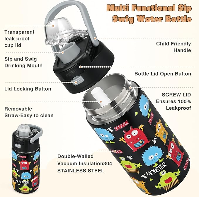 Bento Lunch Box for Kids with 7oz Soup Thermo,Insulated Stainless Steel Kids Water Bottle with Straw and Insulated Lunch Bag,Leak-Proof Lunch Food Container with Ice Pack for School (Black-Cute)