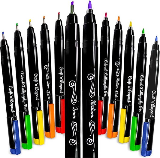 Craft 'n' Beyond Colored Calligraphy Brush Pens Waterproof Pack of 12 Markers for Hand Lettering, Art Drawing, Sketching, Scrapbooking, Writing, Journaling tip - Beginner Kit with Fadeproof Ink