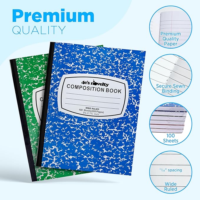 4E's Novelty Wide Ruled Composition Notebooks - Pack of 6- Hard Cover 100 Sheets 9.75" x 7.5" - Red Blue Green Cute Marble Colors, Bulk Compositon Book Wide Ruling, Back to School Supplies
