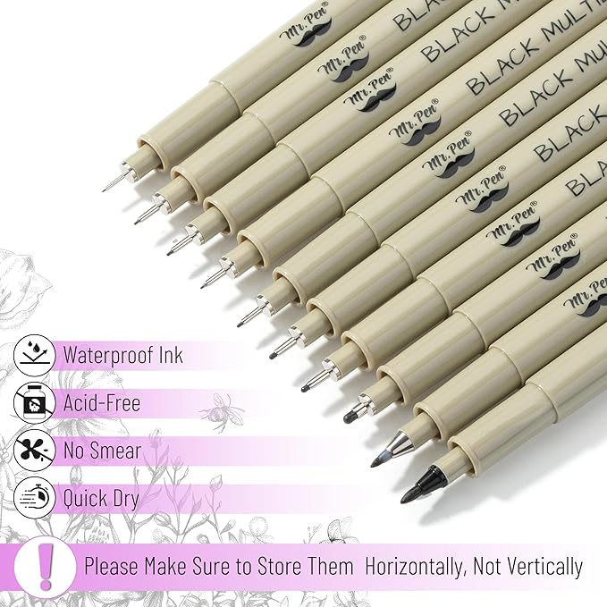 Mr. Pen- Drawing Pens Micro Fineliner Art Pens: 10 Black Fine Line Markers, Waterproof Archival Ink Watercolor Inking Multiliner Manga Sketching Art Supplies Adults Artist Sketch