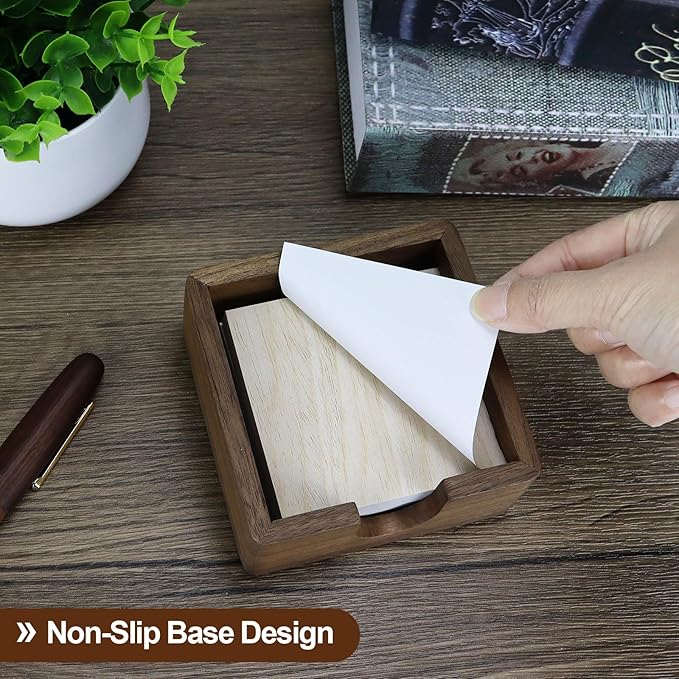 MultiBey Black Walnut Sticky Note Holder - Handcrafted Solid Wood Note Dispenser with Sheets, U-Shaped Easy Access Design & Non-Slip Base for Minimalist Office Desk Decor (3x3 inch)