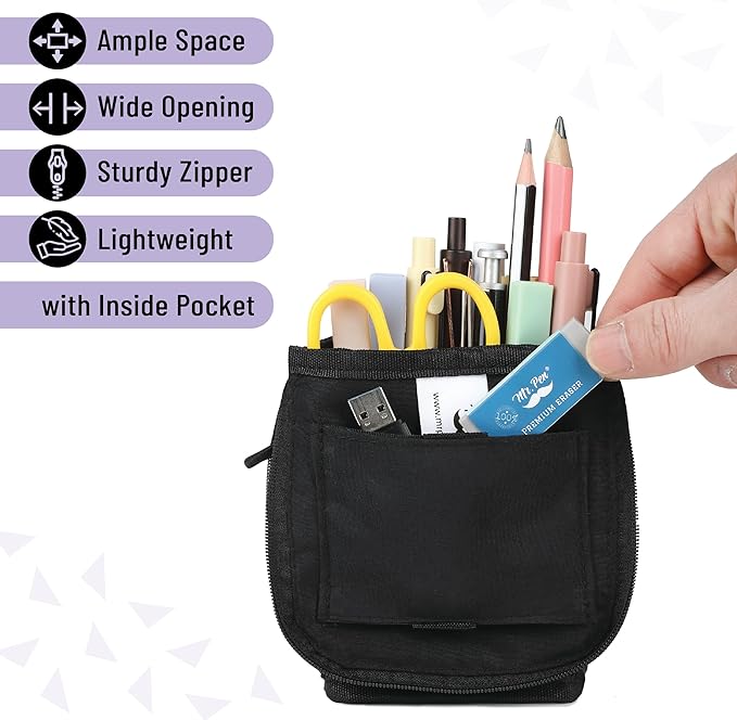 Mr. Pen- Standing Pencil Case Pouch, Sit & Lay Mesh-View Design, Black & Purple, Interior Pocket & 2 Elastic Binder Loops, Cute Pencil Case for Girls and Boys