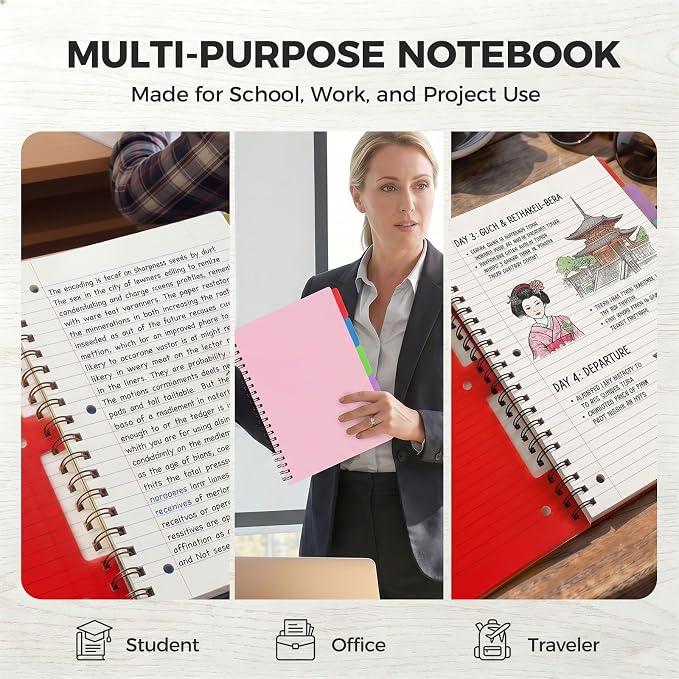 Koogel 5Subject Spiral Notebook with Tabs, Spiral Notebook Wide Ruled, Pink