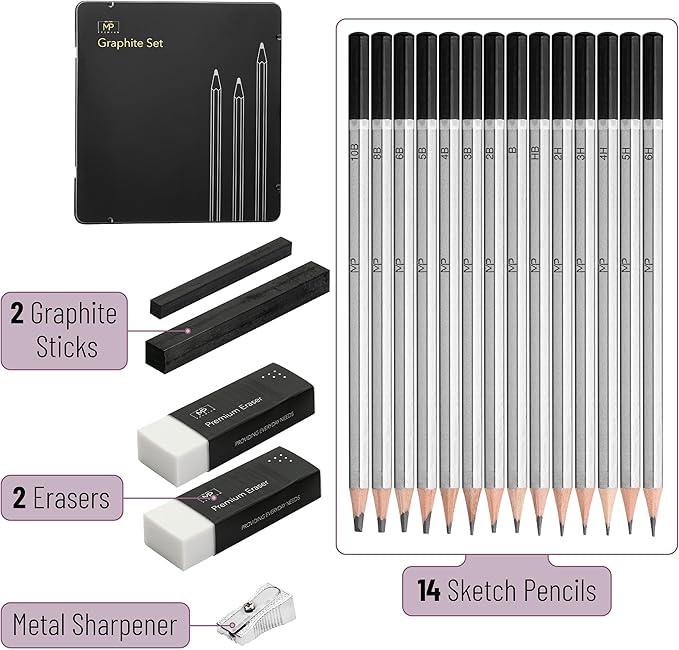 Mr. Pen- Drawing Sketching Pencil Set, 19 pcs, Graphite Pencils (10B-6H), Graphite Sticks, Erasers, Metal Sharpener, for Drawing, Sketching, Shading & Art Projects
