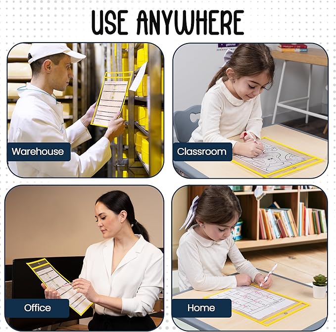 Essex Wares - 6 Pack, Yellow, Dry Erase Pocket Document Protectors, 10" Wide x 13.5" Tall - Dry Erase Clear Plastic Sleeves - Reusable & Easy Erase Plastic Invoice Holders, Water-Resistant & Durable