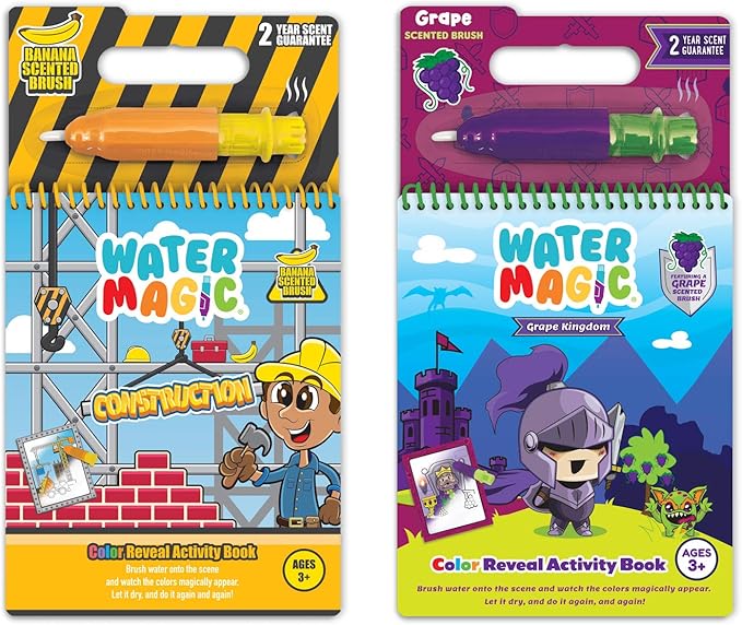 Scentco Water Magic - Patented Gourmet Scented Reusable Water Reveal Activity Books - No Mess, All Fun (Grape Kingdom and Construction)