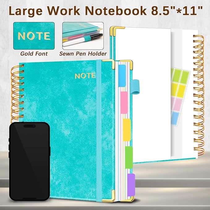 Hardcover Spiral Notebooks for Work 8.5''x 11'', 300 Pages 5 Subject Notebook with Dividers & Tabs, A4 Spiral Journal for Women, College Ruled Notebooks for School Note-Taking (Cyan)