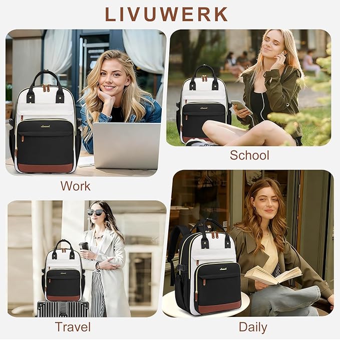 Laptop Backpack for Women Bag: 18 inch Backpacks with Pouch Pocket for Large Capacity Cup Travel Waterproof Bookbag Anti-theft College Casual Work Book Bags for Teacher Nurse Black Beige