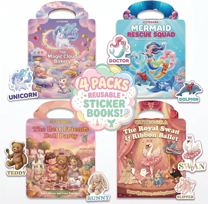 4 Sets Reusable Sticker Books for Girls Ages 3-6, Jelly Sticker Book Toddler 2-4,Ballet Unicorn Mermaid Doll Waterproof Travel Activity Toys Kids 3 4 5 6