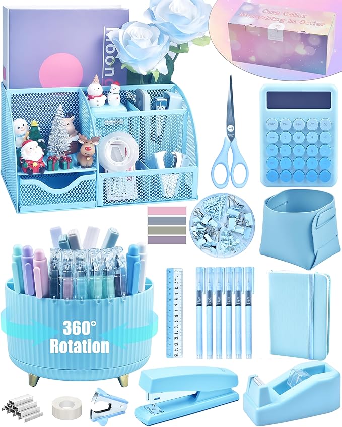 20Pcs Blue Desk Organizers and Accessories With Mesh Desk Organizer and 360°Rotating Pen Holder and a Lot of Office Blue Office Supplies Beautifully Presented in a Gift Box