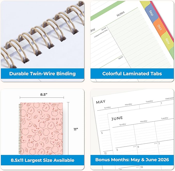 Blue Sky 2026-2027 Weekly and Monthly Academic Year Teacher Lesson Planner Calendar, July 2026 - June 2027, 8.5" x 11", Flexible Cover, Wirebound, Laminated Tabs, Storage Pocket, Apple Sketch