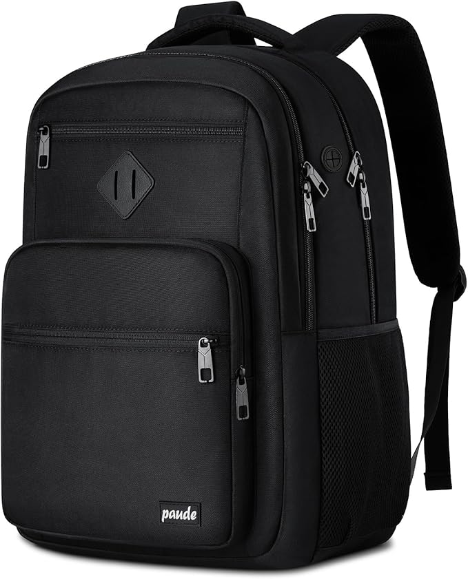 Paude Black Backpack,17.3 Inch School Backpack for Teens Adults Laptop Bookbag for High School College Students Back Pack for Work