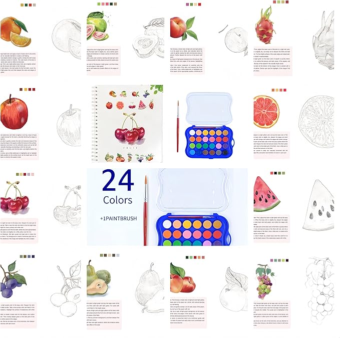 24 Colors Watercolor Book with Paint，Beginner Watercolor Workbook Kit, Watercolors Workbook (Fruit - No Paint)
