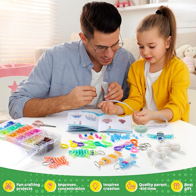 Pony Beads Kit for Keychain Making, Glow in the Dark Bead Pets for Kids Beginners，Includes Instructions for 25 Animal Designs and Storage Box, Kids Craft Kit for Rainy Day Group and Family Activities