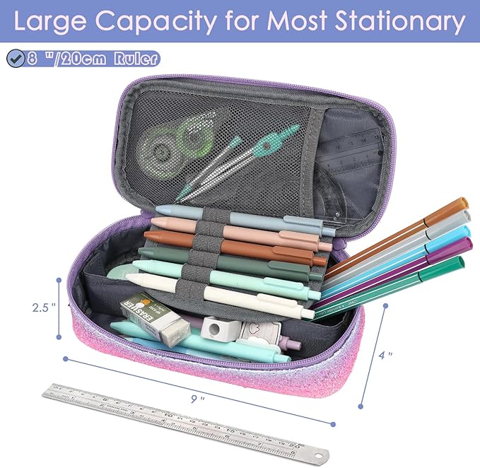 FlowFly Large Capacity Pencil Case for Kids, Boys & Girls – Zippered Multi-Functional Pen Pouch, Soft & Portable Pencil Bag for School, Teens, Students, Purple#Glitter