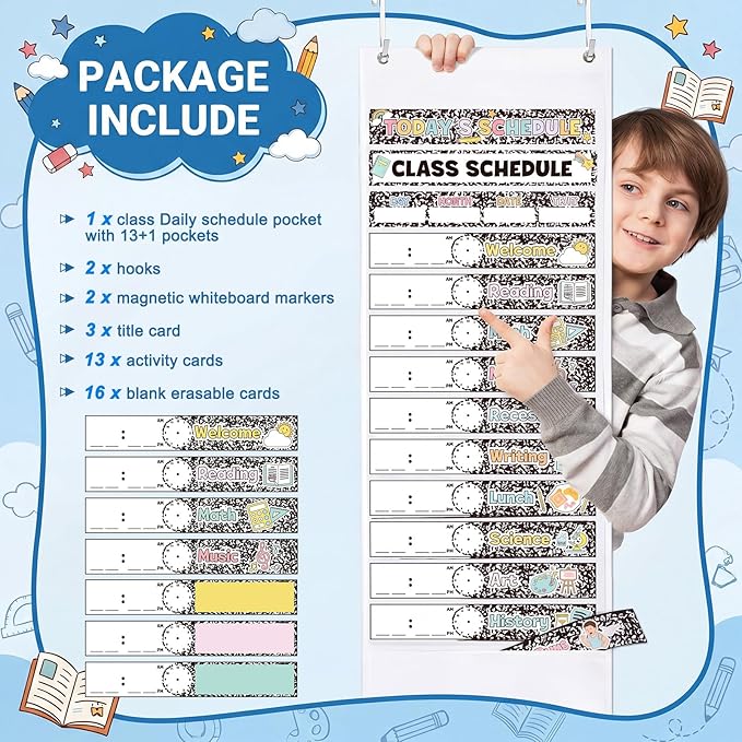 Kolldenn Daily Schedule Pocket Chart, 13+1 Scheduling Pocket Chart with 32 Pieces Reusable Cards Visual Schedule for School Office Home Preschool Activity (Composition)