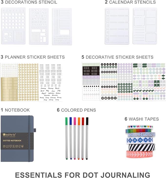 &And Per Se Journaling Supplies – Journaling Kit with Dotted Notebook, Stencils, Stickers, Washi Tapes & Colored Pens for Beginners (Dark Blue)