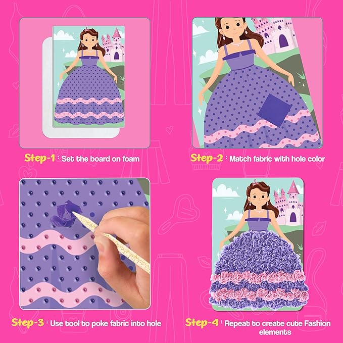 jackinthebox Poke Poke Art for Kids - Fashion Theme, Flower Pressing Kits, Mess-Free Fabric Art and Craft for Girls Ages 4 5 6 7 8